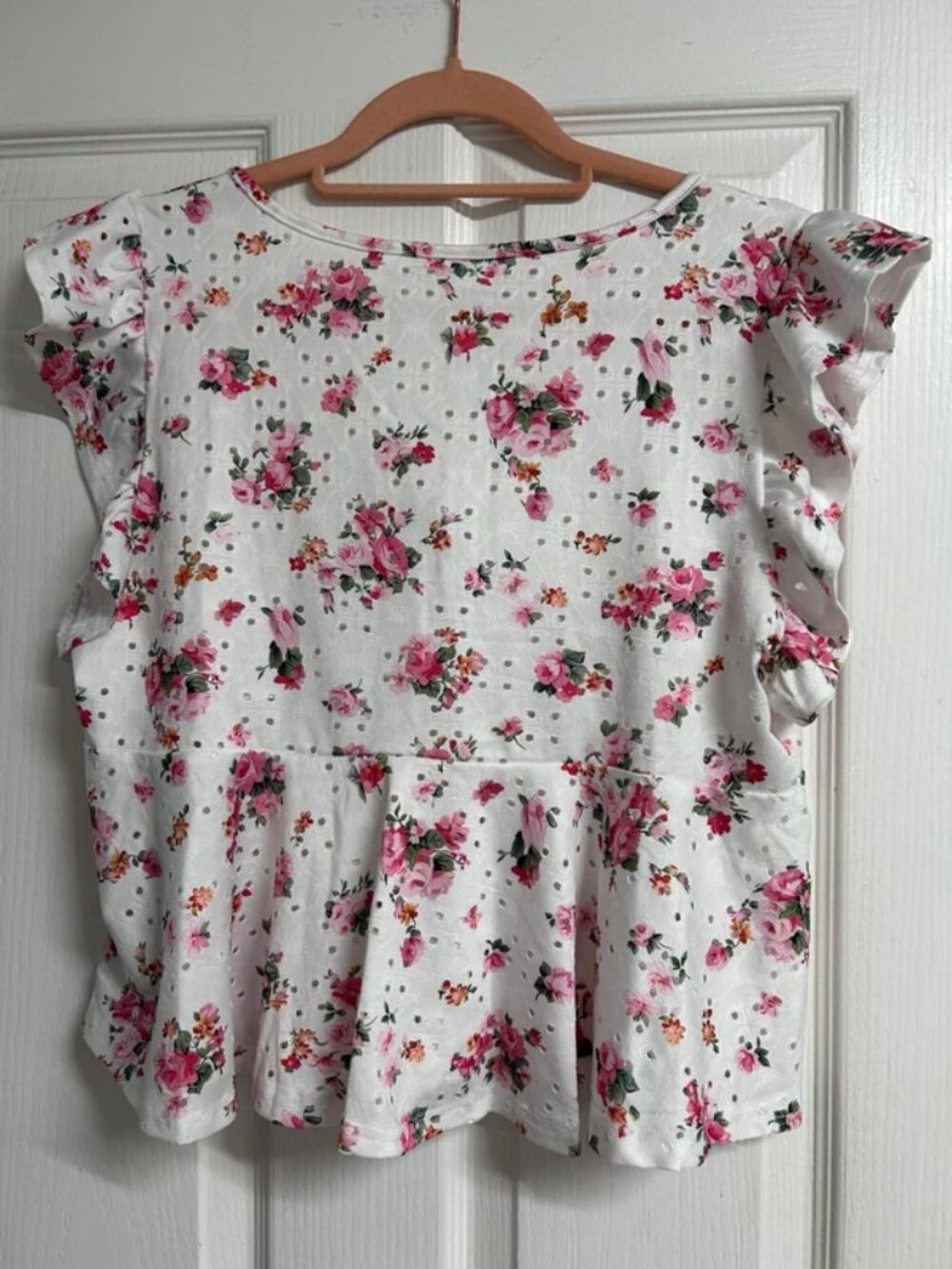 White Floral Eyelet Ruffle Cap Sleeve Peplum Top - Picture 2 of 5